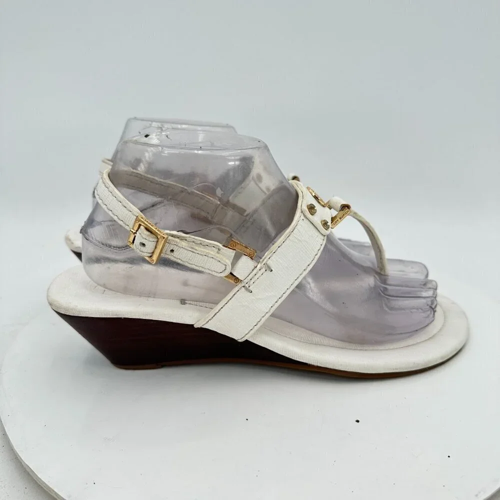 Tory Burch Women Size 8.5M White Leather Robinson T Strap Wedges Sandal